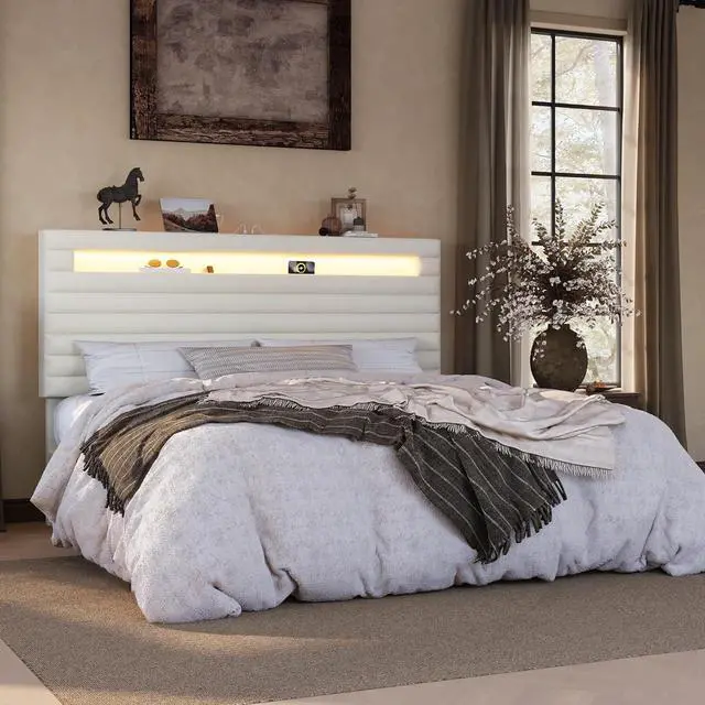 Main image of King Bed Frame with LED Light & 2-Tier Storage Shelf, Velvet Upholstered Adjustable Headboard with Charing Station, Horizontal Channel Tufted, No Box Spring Needed, Easy Assembly, Cream