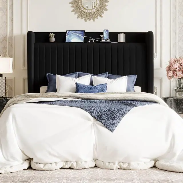 Alt view image 3 of 7 - Queen Size Velvet Bed Frame with USB Charging Station, Wingback Storage Headboard, Upholstered Platform Bed with Wooden Slats Support, No Box Spring Needed, Easy Assembly, Black