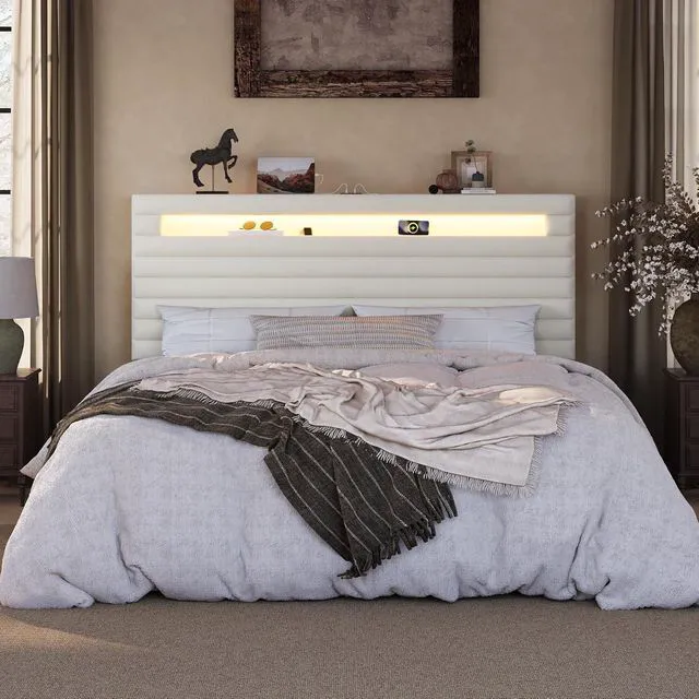 Alt view image 3 of 7 - King Bed Frame with LED Light & 2-Tier Storage Shelf, Velvet Upholstered Adjustable Headboard with Charing Station, Horizontal Channel Tufted, No Box Spring Needed, Easy Assembly, Cream