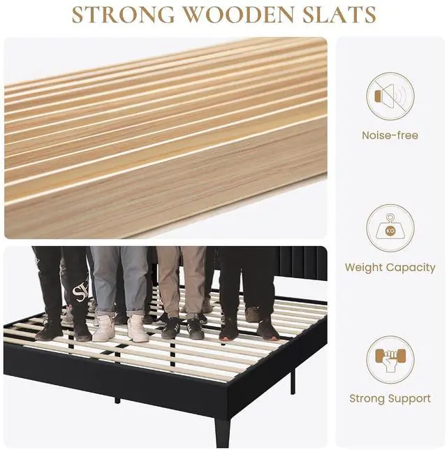 Alt view image 5 of 7 - Queen Size Velvet Bed Frame with USB Charging Station, Wingback Storage Headboard, Upholstered Platform Bed with Wooden Slats Support, No Box Spring Needed, Easy Assembly, Black