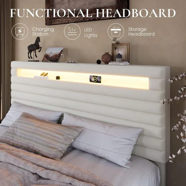 Alt view image 5 of 7 - King Bed Frame with LED Light & 2-Tier Storage Shelf, Velvet Upholstered Adjustable Headboard with Charing Station, Horizontal Channel Tufted, No Box Spring Needed, Easy Assembly, Cream