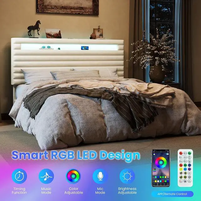 Alt view image 4 of 7 - King Bed Frame with LED Light & 2-Tier Storage Shelf, Velvet Upholstered Adjustable Headboard with Charing Station, Horizontal Channel Tufted, No Box Spring Needed, Easy Assembly, Cream