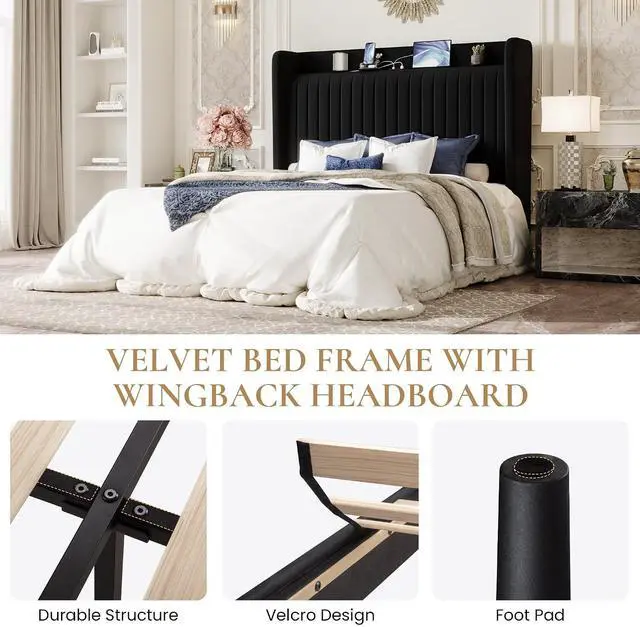 Alt view image 7 of 7 - Queen Size Velvet Bed Frame with USB Charging Station, Wingback Storage Headboard, Upholstered Platform Bed with Wooden Slats Support, No Box Spring Needed, Easy Assembly, Black