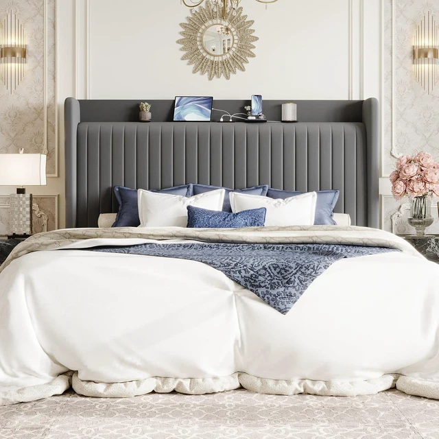 Alt view image 3 of 7 - King Size Velvet Bed Frame with USB Charging Station, Wingback Storage Headboard, Upholstered Platform Bed with Wooden Slats Support, No Box Spring Needed, Easy Assembly, Grey