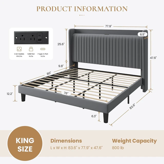 Alt view image 2 of 7 - King Size Velvet Bed Frame with USB Charging Station, Wingback Storage Headboard, Upholstered Platform Bed with Wooden Slats Support, No Box Spring Needed, Easy Assembly, Grey
