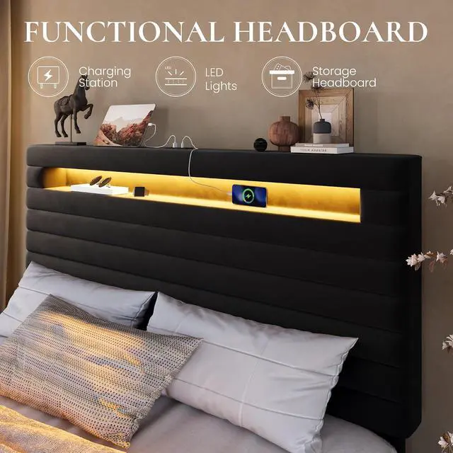 Alt view image 5 of 7 - Queen Bed Frame with LED Light & 2-Tier Storage Shelf, Velvet Upholstered Adjustable Headboard with Charing Station, Horizontal Channel Tufted, No Box Spring Needed, Easy Assembly, Black