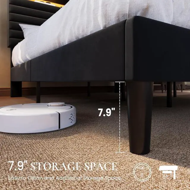 Alt view image 6 of 7 - Queen Bed Frame with LED Light & 2-Tier Storage Shelf, Velvet Upholstered Adjustable Headboard with Charing Station, Horizontal Channel Tufted, No Box Spring Needed, Easy Assembly, Black