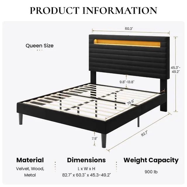 Alt view image 2 of 7 - Queen Bed Frame with LED Light & 2-Tier Storage Shelf, Velvet Upholstered Adjustable Headboard with Charing Station, Horizontal Channel Tufted, No Box Spring Needed, Easy Assembly, Black