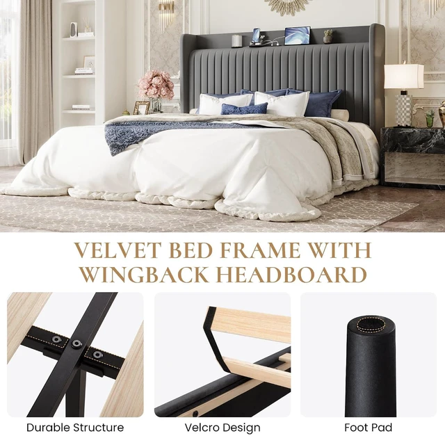 Alt view image 7 of 7 - King Size Velvet Bed Frame with USB Charging Station, Wingback Storage Headboard, Upholstered Platform Bed with Wooden Slats Support, No Box Spring Needed, Easy Assembly, Grey