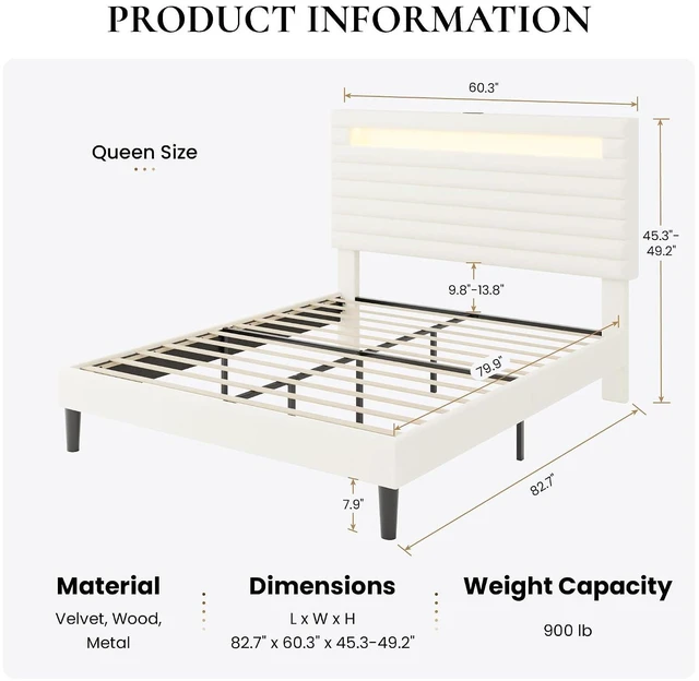 Alt view image 2 of 7 - Queen Bed Frame with LED Light & 2-Tier Storage Shelf, Velvet Upholstered Adjustable Headboard with Charing Station, Horizontal Channel Tufted, No Box Spring Needed, Easy Assembly, Cream