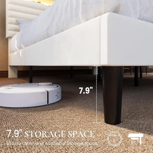 Alt view image 6 of 7 - King Bed Frame with LED Light & 2-Tier Storage Shelf, Velvet Upholstered Adjustable Headboard with Charing Station, Horizontal Channel Tufted, No Box Spring Needed, Easy Assembly, Cream