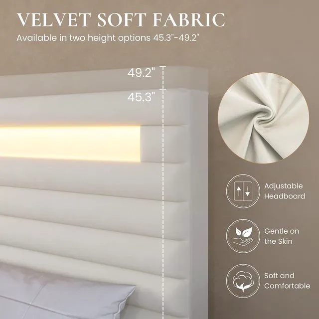 Alt view image 7 of 7 - King Bed Frame with LED Light & 2-Tier Storage Shelf, Velvet Upholstered Adjustable Headboard with Charing Station, Horizontal Channel Tufted, No Box Spring Needed, Easy Assembly, Cream
