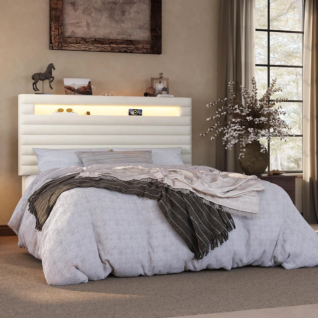 Main image of Queen Bed Frame with LED Light & 2-Tier Storage Shelf, Velvet Upholstered Adjustable Headboard with Charing Station, Horizontal Channel Tufted, No Box Spring Needed, Easy Assembly, Cream