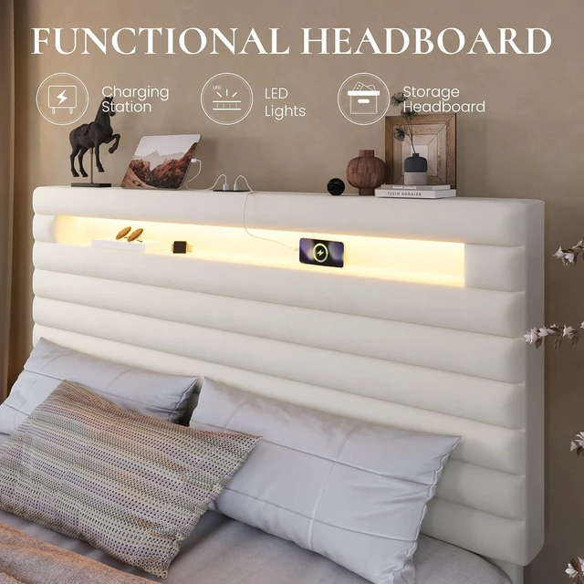 Alt view image 5 of 7 - Queen Bed Frame with LED Light & 2-Tier Storage Shelf, Velvet Upholstered Adjustable Headboard with Charing Station, Horizontal Channel Tufted, No Box Spring Needed, Easy Assembly, Cream