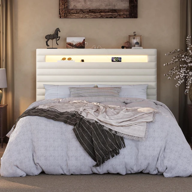 Alt view image 3 of 7 - Queen Bed Frame with LED Light & 2-Tier Storage Shelf, Velvet Upholstered Adjustable Headboard with Charing Station, Horizontal Channel Tufted, No Box Spring Needed, Easy Assembly, Cream