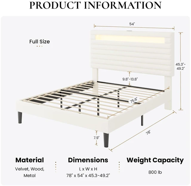 Alt view image 2 of 7 - Full Bed Frame with LED Light & 2-Tier Storage Shelf, Velvet Upholstered Adjustable Headboard with Charing Station, Horizontal Channel Tufted, No Box Spring Needed, Easy Assembly, Cream