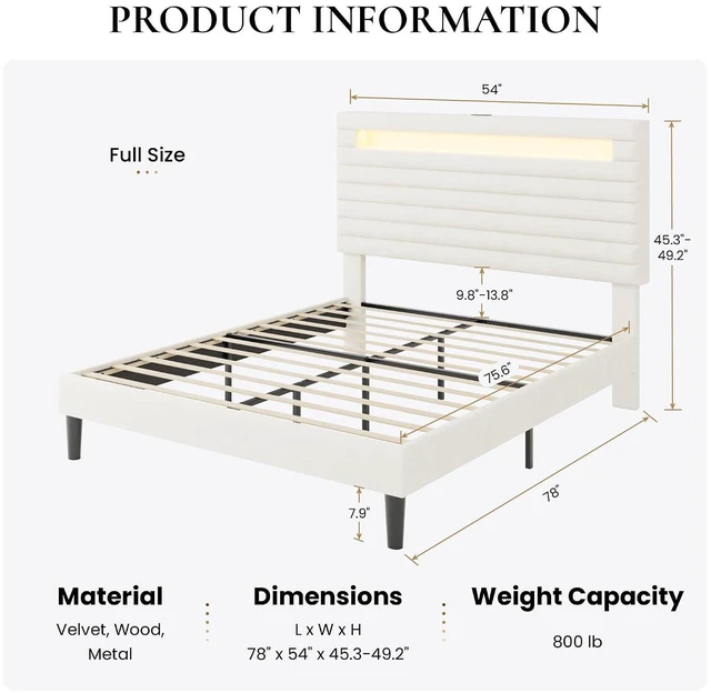 Alt view image 2 of 7 - Full Bed Frame with LED Light & 2-Tier Storage Shelf, Velvet Upholstered Adjustable Headboard with Charing Station, Horizontal Channel Tufted, No Box Spring Needed, Easy Assembly, White
