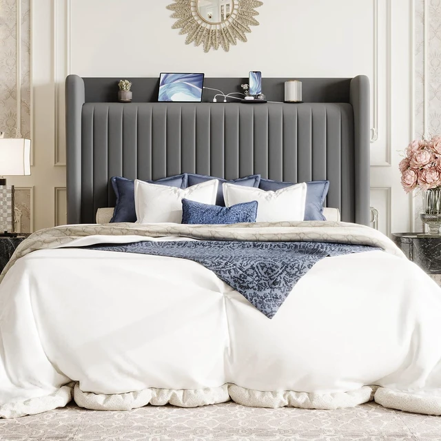 Alt view image 3 of 7 - Queen Size Velvet Bed Frame with USB Charging Station, Wingback Storage Headboard, Upholstered Platform Bed with Wooden Slats Support, No Box Spring Needed, Easy Assembly, Grey