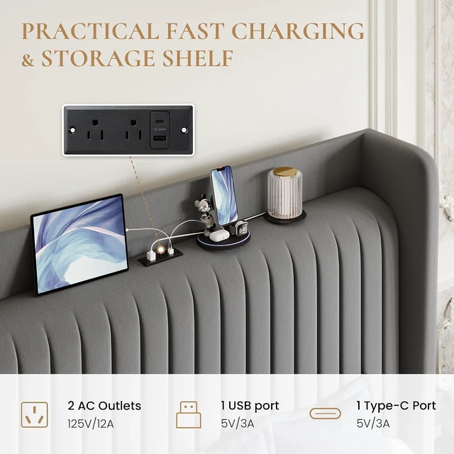 Alt view image 4 of 7 - King Size Velvet Bed Frame with USB Charging Station, Wingback Storage Headboard, Upholstered Platform Bed with Wooden Slats Support, No Box Spring Needed, Easy Assembly, Grey