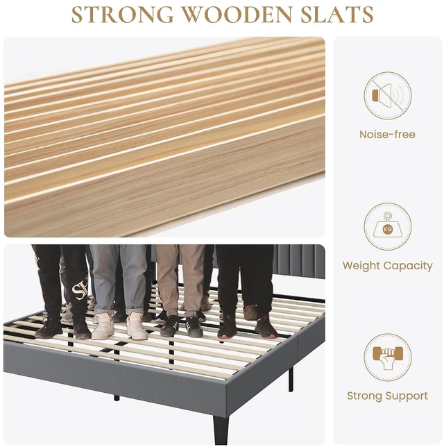 Alt view image 5 of 7 - Queen Size Velvet Bed Frame with USB Charging Station, Wingback Storage Headboard, Upholstered Platform Bed with Wooden Slats Support, No Box Spring Needed, Easy Assembly, Grey