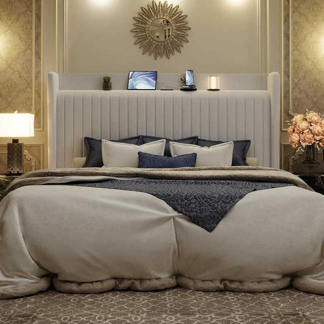 Alt view image 7 of 7 - King Size Velvet Bed Frame with USB Charging Station, Wingback Storage Headboard, Upholstered Platform Bed with Wooden Slats Support, No Box Spring Needed, Easy Assembly, White