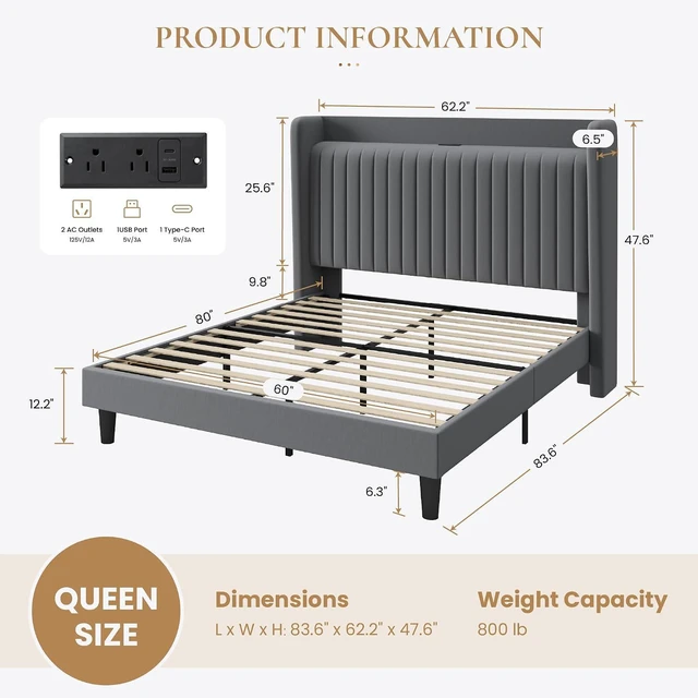 Alt view image 2 of 7 - Queen Size Velvet Bed Frame with USB Charging Station, Wingback Storage Headboard, Upholstered Platform Bed with Wooden Slats Support, No Box Spring Needed, Easy Assembly, Grey