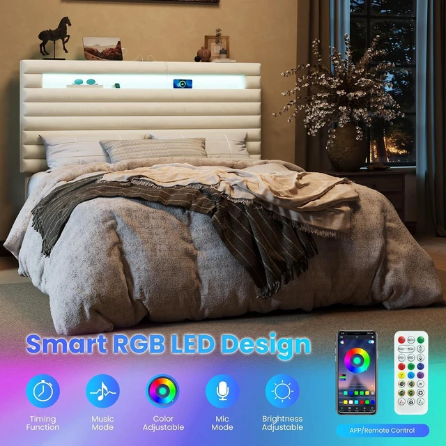 Alt view image 4 of 7 - Queen Bed Frame with LED Light & 2-Tier Storage Shelf, Velvet Upholstered Adjustable Headboard with Charing Station, Horizontal Channel Tufted, No Box Spring Needed, Easy Assembly, Cream