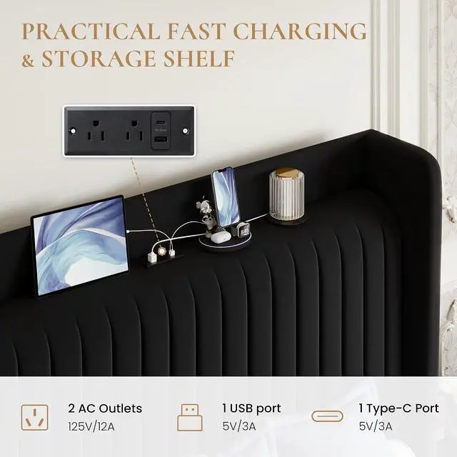 Alt view image 4 of 7 - King Size Velvet Bed Frame with USB Charging Station, Wingback Storage Headboard, Upholstered Platform Bed with Wooden Slats Support, No Box Spring Needed, Easy Assembly, Black