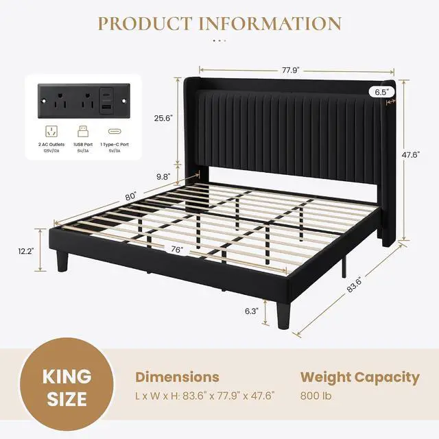 Alt view image 2 of 7 - King Size Velvet Bed Frame with USB Charging Station, Wingback Storage Headboard, Upholstered Platform Bed with Wooden Slats Support, No Box Spring Needed, Easy Assembly, Black
