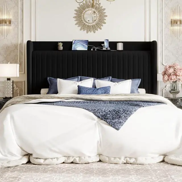 Alt view image 3 of 7 - King Size Velvet Bed Frame with USB Charging Station, Wingback Storage Headboard, Upholstered Platform Bed with Wooden Slats Support, No Box Spring Needed, Easy Assembly, Black
