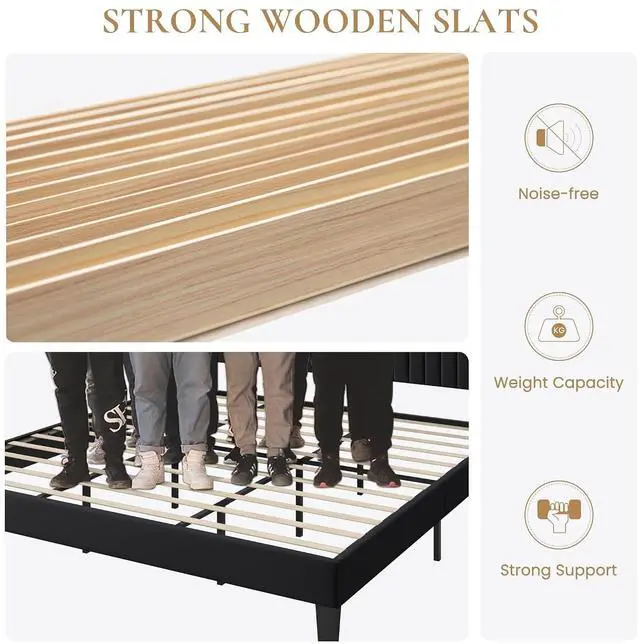 Alt view image 5 of 7 - King Size Velvet Bed Frame with USB Charging Station, Wingback Storage Headboard, Upholstered Platform Bed with Wooden Slats Support, No Box Spring Needed, Easy Assembly, Black