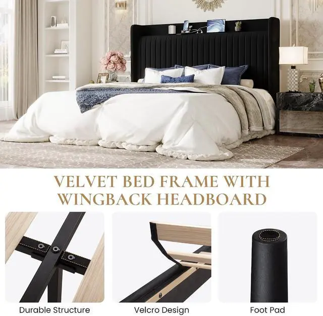 Alt view image 7 of 7 - King Size Velvet Bed Frame with USB Charging Station, Wingback Storage Headboard, Upholstered Platform Bed with Wooden Slats Support, No Box Spring Needed, Easy Assembly, Black
