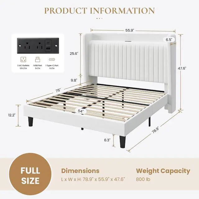 Alt view image 2 of 7 - Full Size Velvet Bed Frame with USB Charging Station, Wingback Storage Headboard, Upholstered Platform Bed with Wooden Slats Support, No Box Spring Needed, Easy Assembly, White