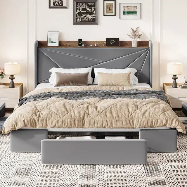 Alt view image 3 of 7 - King Size Bed Frame with 3 Drawers, USB & Type-C Charging Ports, Velvet Upholstered Platform Bed with Modern Geometric Wingback Storage Headboard, No Box Spring Needed, Easy Assembly, Grey