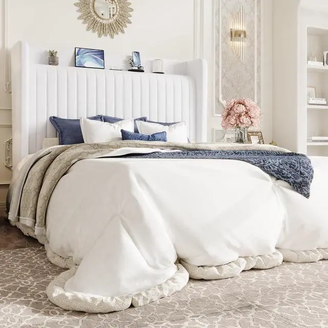 Main image of Full Size Velvet Bed Frame with USB Charging Station, Wingback Storage Headboard, Upholstered Platform Bed with Wooden Slats Support, No Box Spring Needed, Easy Assembly, White