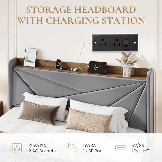 Alt view image 4 of 7 - King Size Bed Frame with 3 Drawers, USB & Type-C Charging Ports, Velvet Upholstered Platform Bed with Modern Geometric Wingback Storage Headboard, No Box Spring Needed, Easy Assembly, Grey