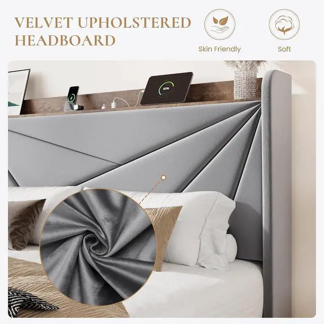 Alt view image 5 of 7 - King Size Bed Frame with 3 Drawers, USB & Type-C Charging Ports, Velvet Upholstered Platform Bed with Modern Geometric Wingback Storage Headboard, No Box Spring Needed, Easy Assembly, Grey