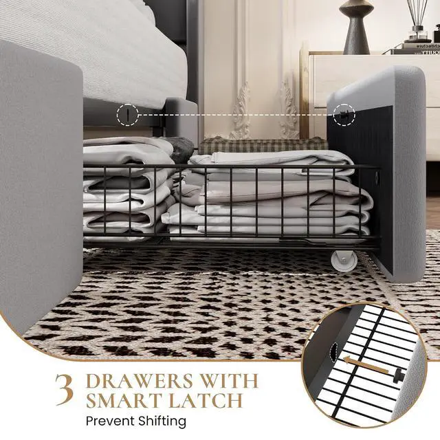 Alt view image 6 of 7 - King Size Bed Frame with 3 Drawers, USB & Type-C Charging Ports, Velvet Upholstered Platform Bed with Modern Geometric Wingback Storage Headboard, No Box Spring Needed, Easy Assembly, Grey
