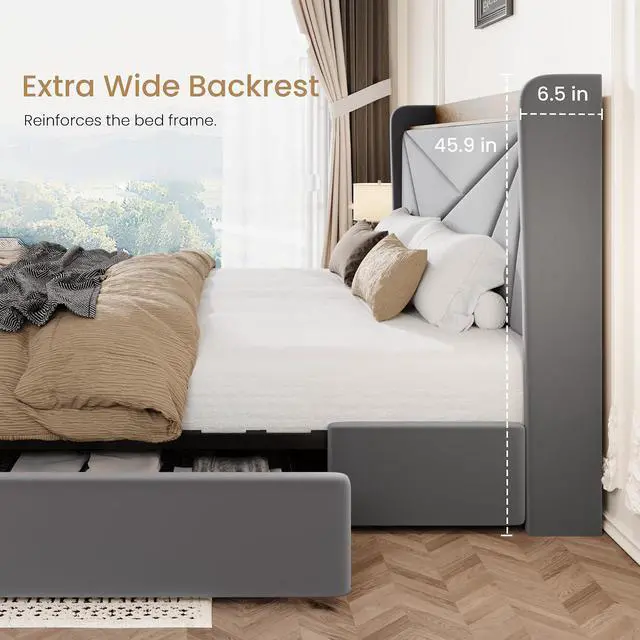 Alt view image 7 of 7 - King Size Bed Frame with 3 Drawers, USB & Type-C Charging Ports, Velvet Upholstered Platform Bed with Modern Geometric Wingback Storage Headboard, No Box Spring Needed, Easy Assembly, Grey