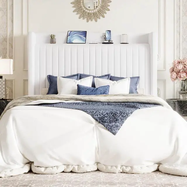 Alt view image 3 of 7 - Full Size Velvet Bed Frame with USB Charging Station, Wingback Storage Headboard, Upholstered Platform Bed with Wooden Slats Support, No Box Spring Needed, Easy Assembly, White