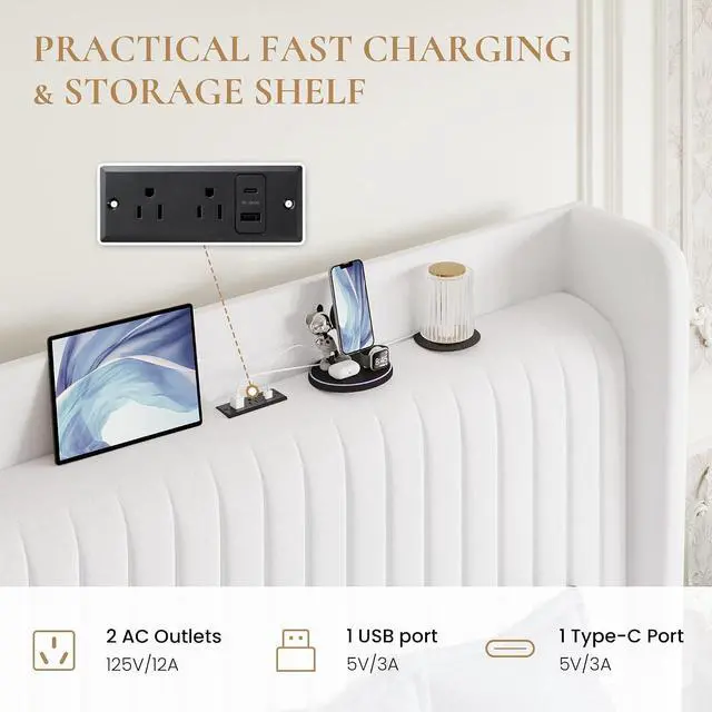 Alt view image 4 of 7 - Full Size Velvet Bed Frame with USB Charging Station, Wingback Storage Headboard, Upholstered Platform Bed with Wooden Slats Support, No Box Spring Needed, Easy Assembly, White