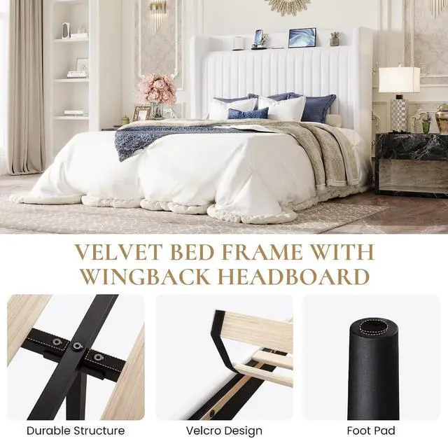 Alt view image 7 of 7 - Full Size Velvet Bed Frame with USB Charging Station, Wingback Storage Headboard, Upholstered Platform Bed with Wooden Slats Support, No Box Spring Needed, Easy Assembly, White