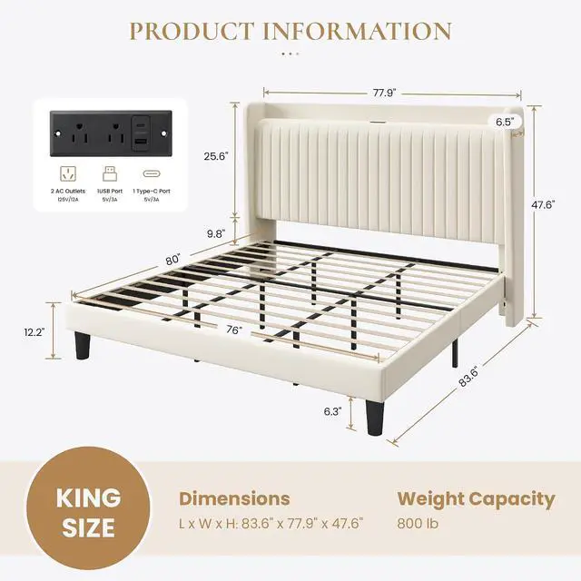 Alt view image 2 of 7 - King Size Velvet Bed Frame with USB Charging Station, Wingback Storage Headboard, Upholstered Platform Bed with Wooden Slats Support, No Box Spring Needed, Easy Assembly, Cream White