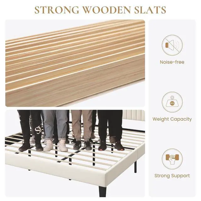 Alt view image 5 of 7 - King Size Velvet Bed Frame with USB Charging Station, Wingback Storage Headboard, Upholstered Platform Bed with Wooden Slats Support, No Box Spring Needed, Easy Assembly, Cream White
