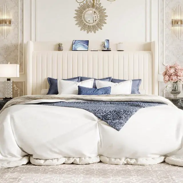 Alt view image 3 of 7 - King Size Velvet Bed Frame with USB Charging Station, Wingback Storage Headboard, Upholstered Platform Bed with Wooden Slats Support, No Box Spring Needed, Easy Assembly, Cream White