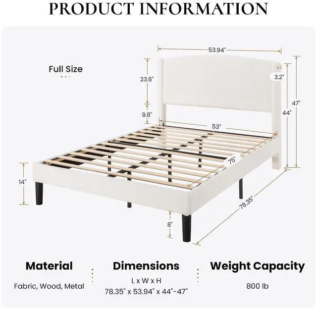 Alt view image 2 of 6 - Full Size Bed Frame with Soft Teddy Fabric, Boucle Upholstered Platform Bed, Curved Headboard Design, Wooden Slats Support, Noise-Free, No Box Spring Needed, Easy Assembly, White