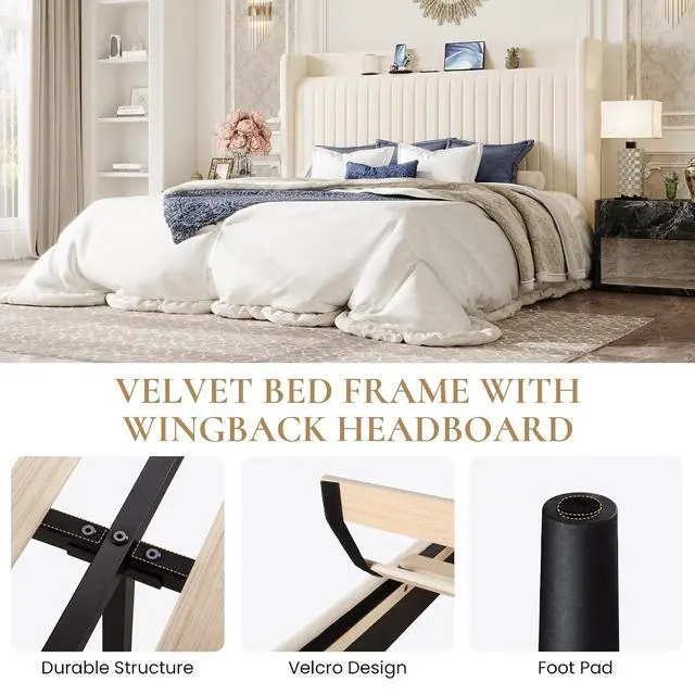 Alt view image 7 of 7 - King Size Velvet Bed Frame with USB Charging Station, Wingback Storage Headboard, Upholstered Platform Bed with Wooden Slats Support, No Box Spring Needed, Easy Assembly, Cream White
