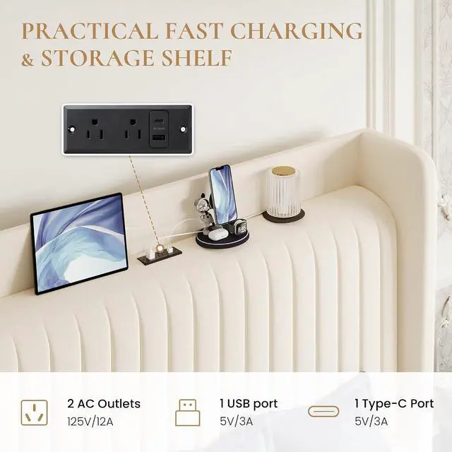 Alt view image 4 of 7 - King Size Velvet Bed Frame with USB Charging Station, Wingback Storage Headboard, Upholstered Platform Bed with Wooden Slats Support, No Box Spring Needed, Easy Assembly, Cream White