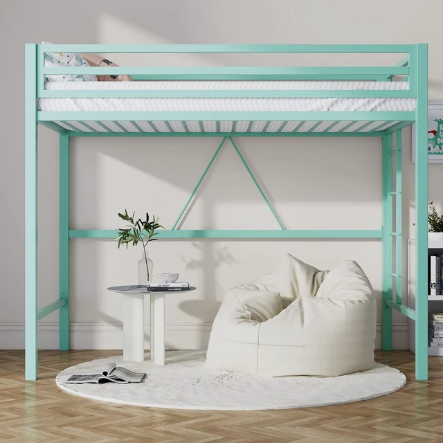 Alt view image 3 of 7 - Loft Bed Twin Size with Ladder and Guardrail,Aqua Blue | Heavy Duty Metal Slats Support,No Box Spring Needed,Small Space Saving Furniture for Bedroom Dorm