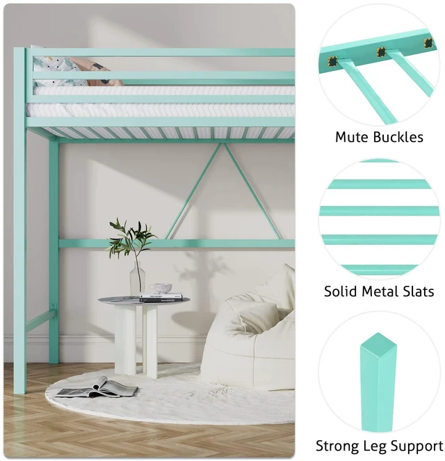 Alt view image 4 of 7 - Loft Bed Twin Size with Ladder and Guardrail,Aqua Blue | Heavy Duty Metal Slats Support,No Box Spring Needed,Small Space Saving Furniture for Bedroom Dorm